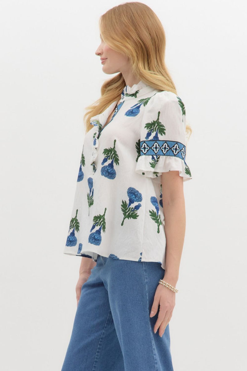Amber Floral Ruffle Detailed Top, Blue