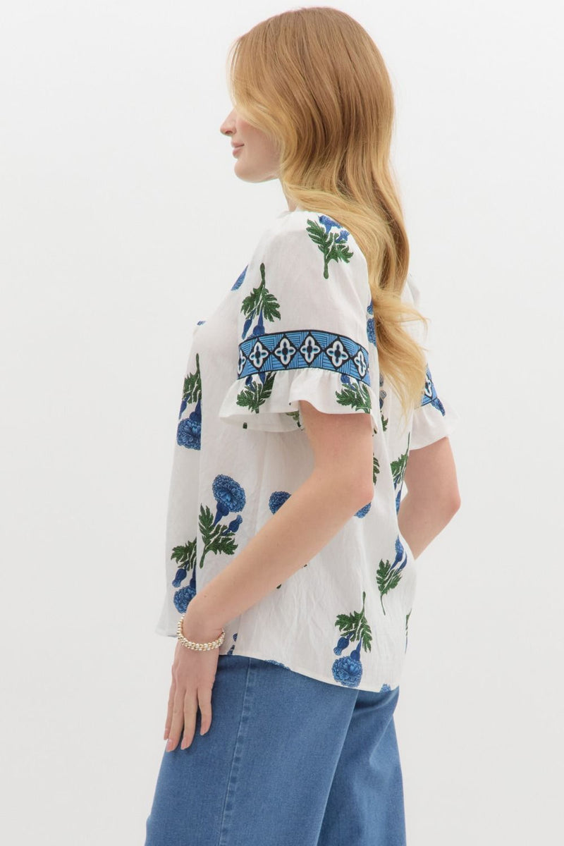 Amber Floral Ruffle Detailed Top, Blue