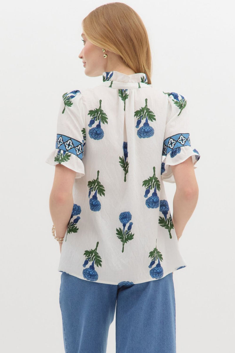 Amber Floral Ruffle Detailed Top, Blue