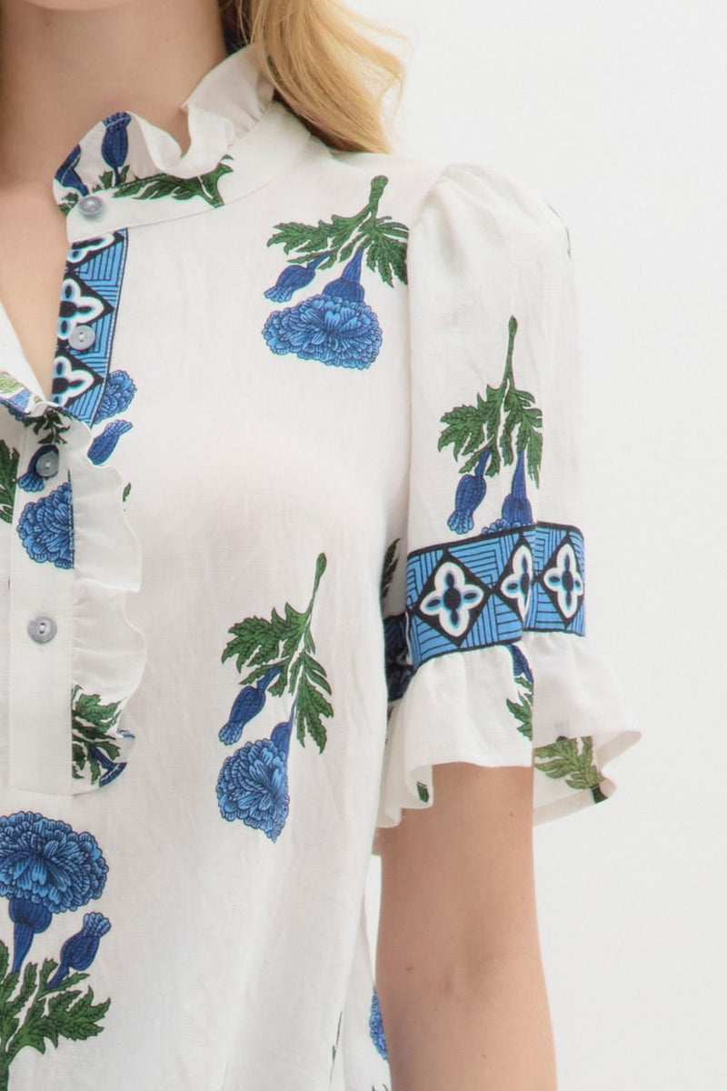Amber Floral Ruffle Detailed Top, Blue