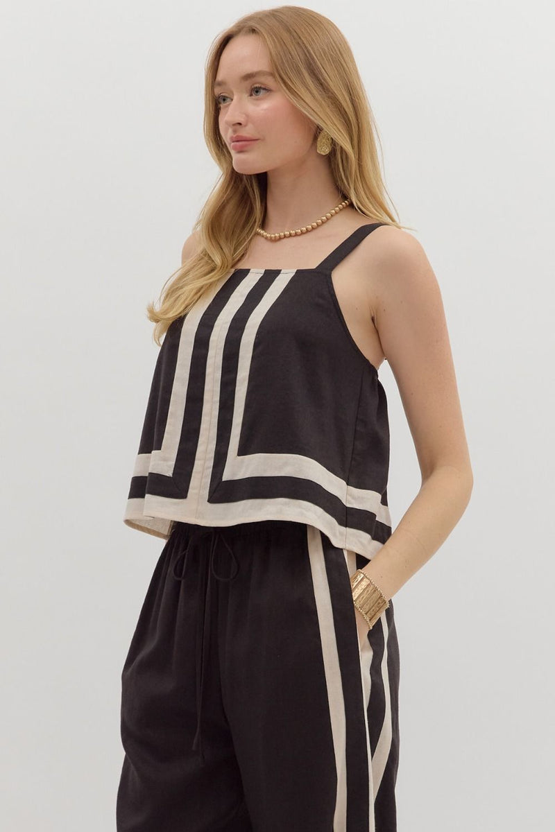 Kyra Contrast Abstract Border Top, Black