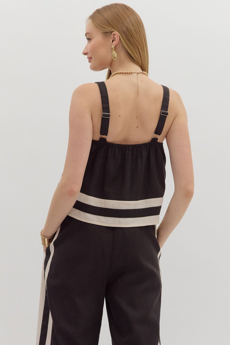Kyra Contrast Abstract Border Top, Black