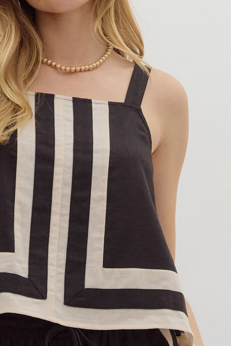 Kyra Contrast Abstract Border Top, Black
