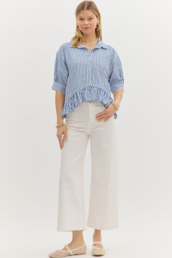Indie Striped Ruffle Hem Button Up Top, Blue