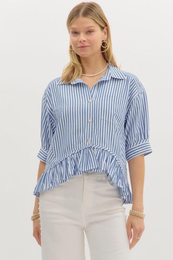 Indie Striped Ruffle Hem Button Up Top, Blue