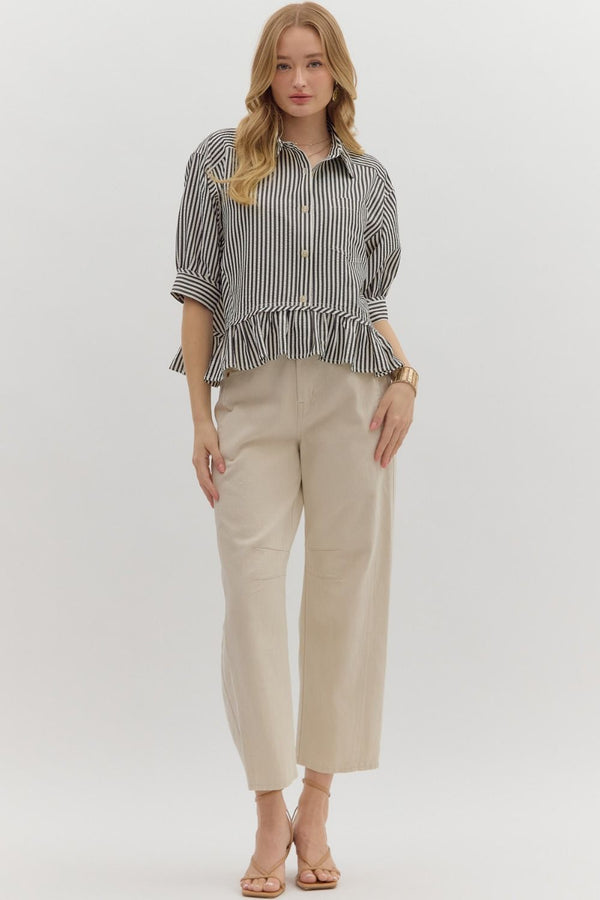 Indie Striped Ruffle Hem Button Up Top, Black