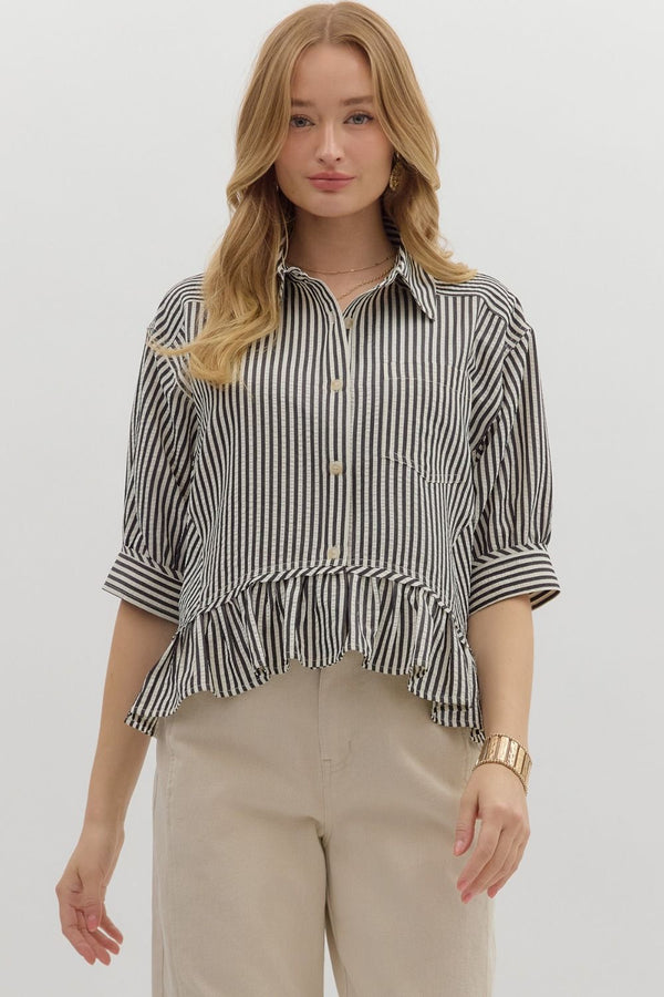 Indie Striped Ruffle Hem Button Up Top, Black