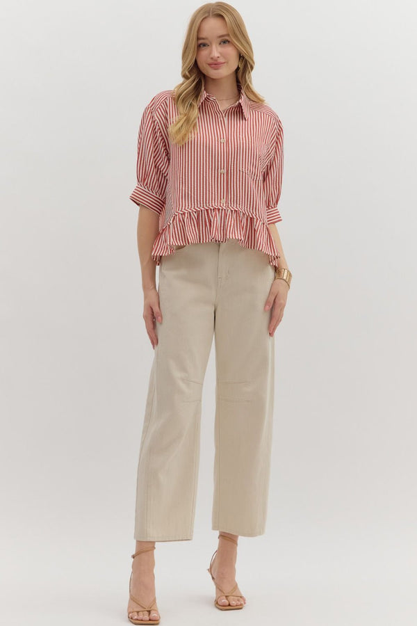 Indie Striped Ruffle Hem Button Up Top, Brick