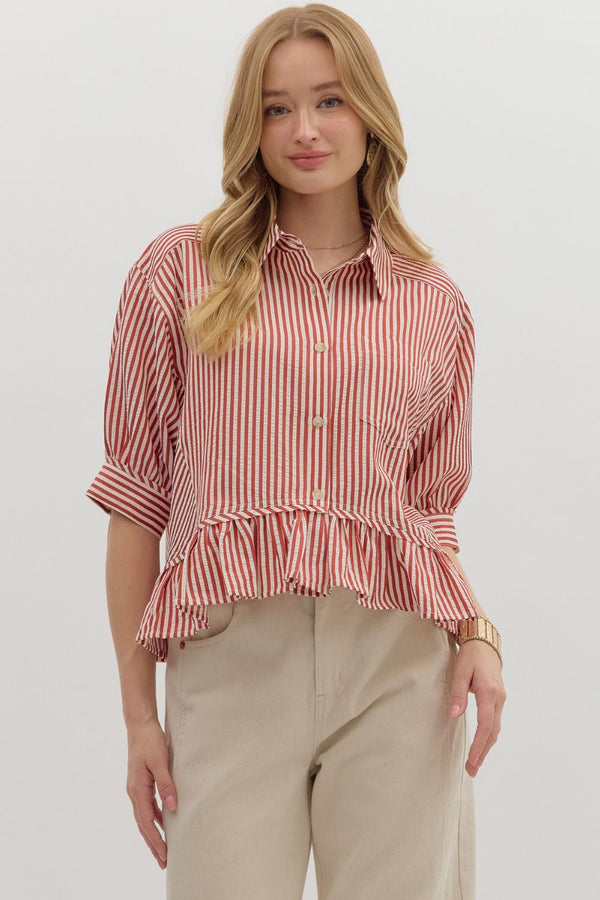 Indie Striped Ruffle Hem Button Up Top, Brick