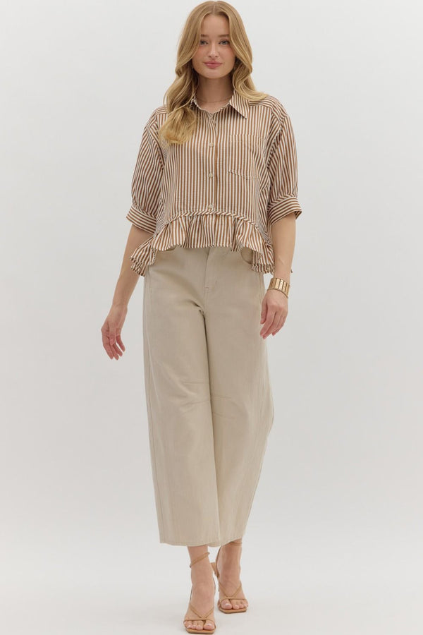 Indie Striped Ruffle Hem Button Up Top, Brown