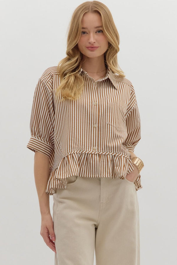 Indie Striped Ruffle Hem Button Up Top, Brown