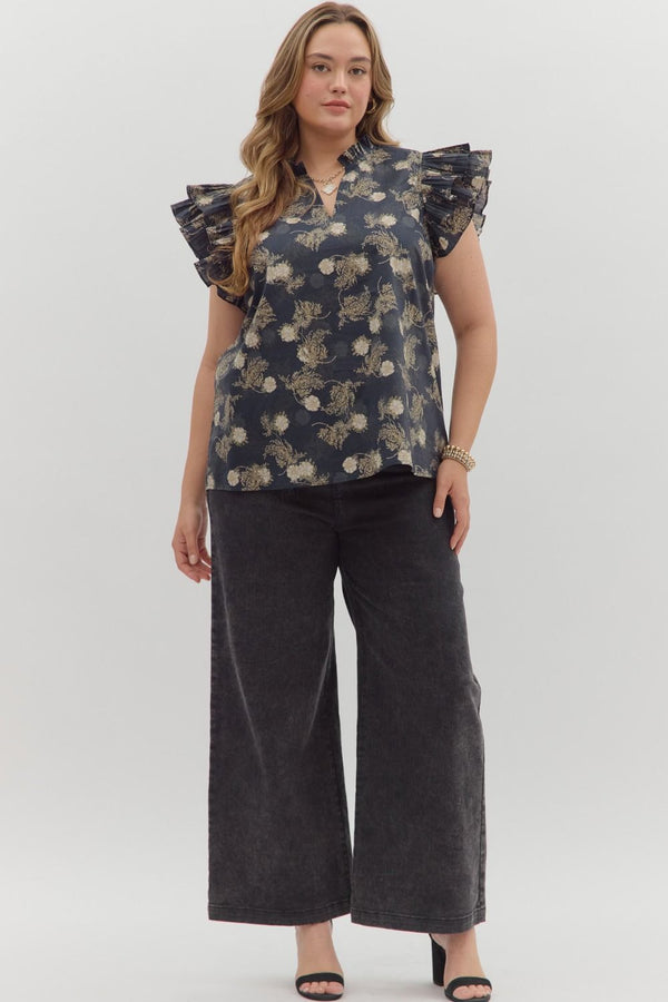 Ember Flutter Sleeve Printed Top, Dark Navy | Plus Size