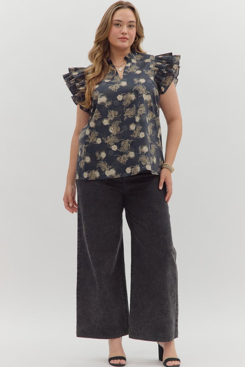Ember Flutter Sleeve Printed Top, Dark Navy | Plus Size