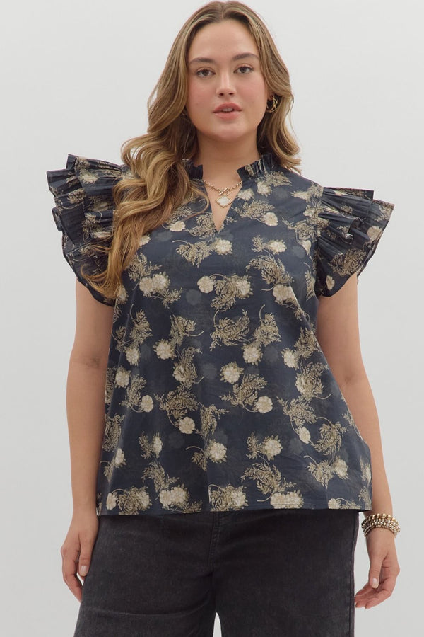 Ember Flutter Sleeve Printed Top, Dark Navy | Plus Size