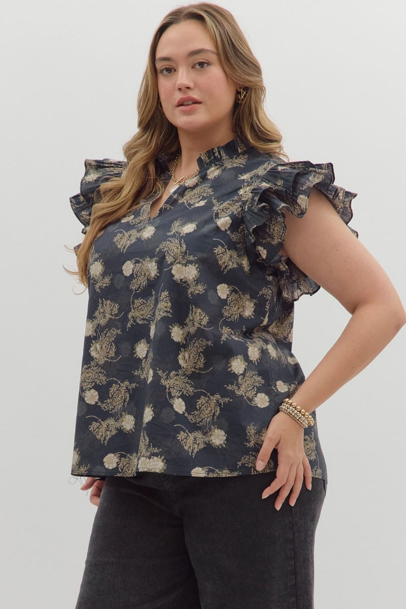 Ember Flutter Sleeve Printed Top, Dark Navy | Plus Size