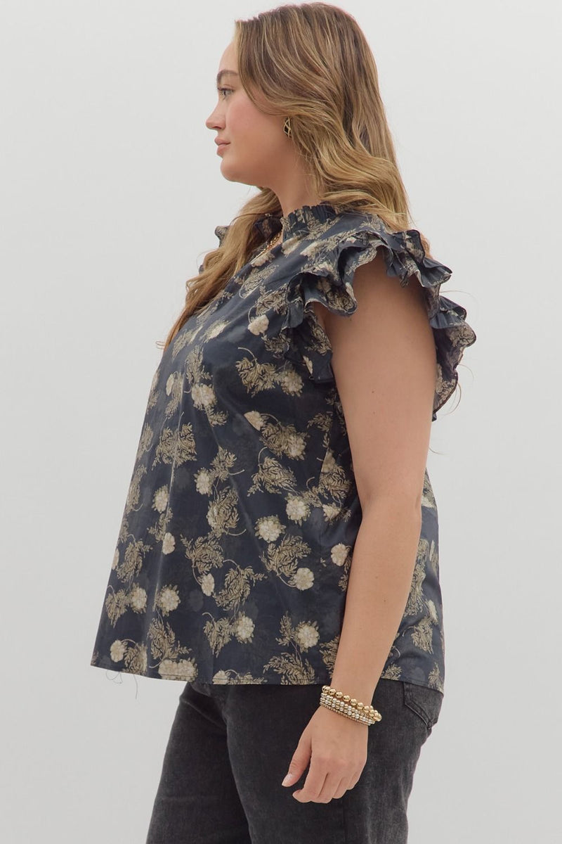 Ember Flutter Sleeve Printed Top, Dark Navy | Plus Size