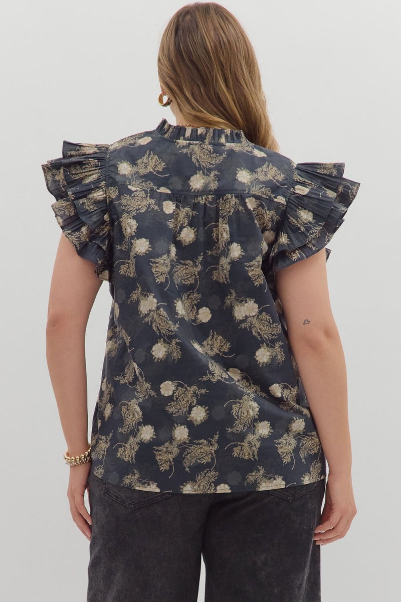 Ember Flutter Sleeve Printed Top, Dark Navy | Plus Size