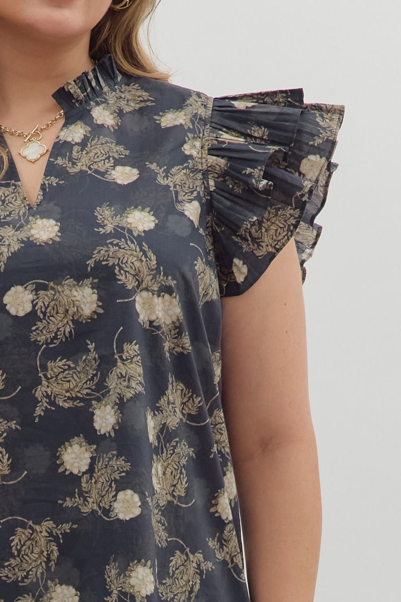 Ember Flutter Sleeve Printed Top, Dark Navy | Plus Size