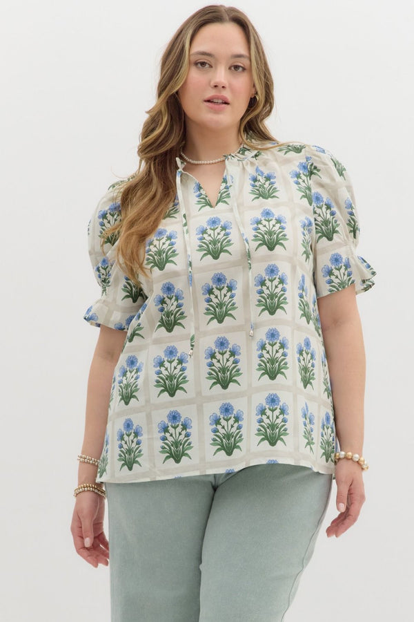 Liv Floral Ruffle Finish Top, Royal | Extended Sizes