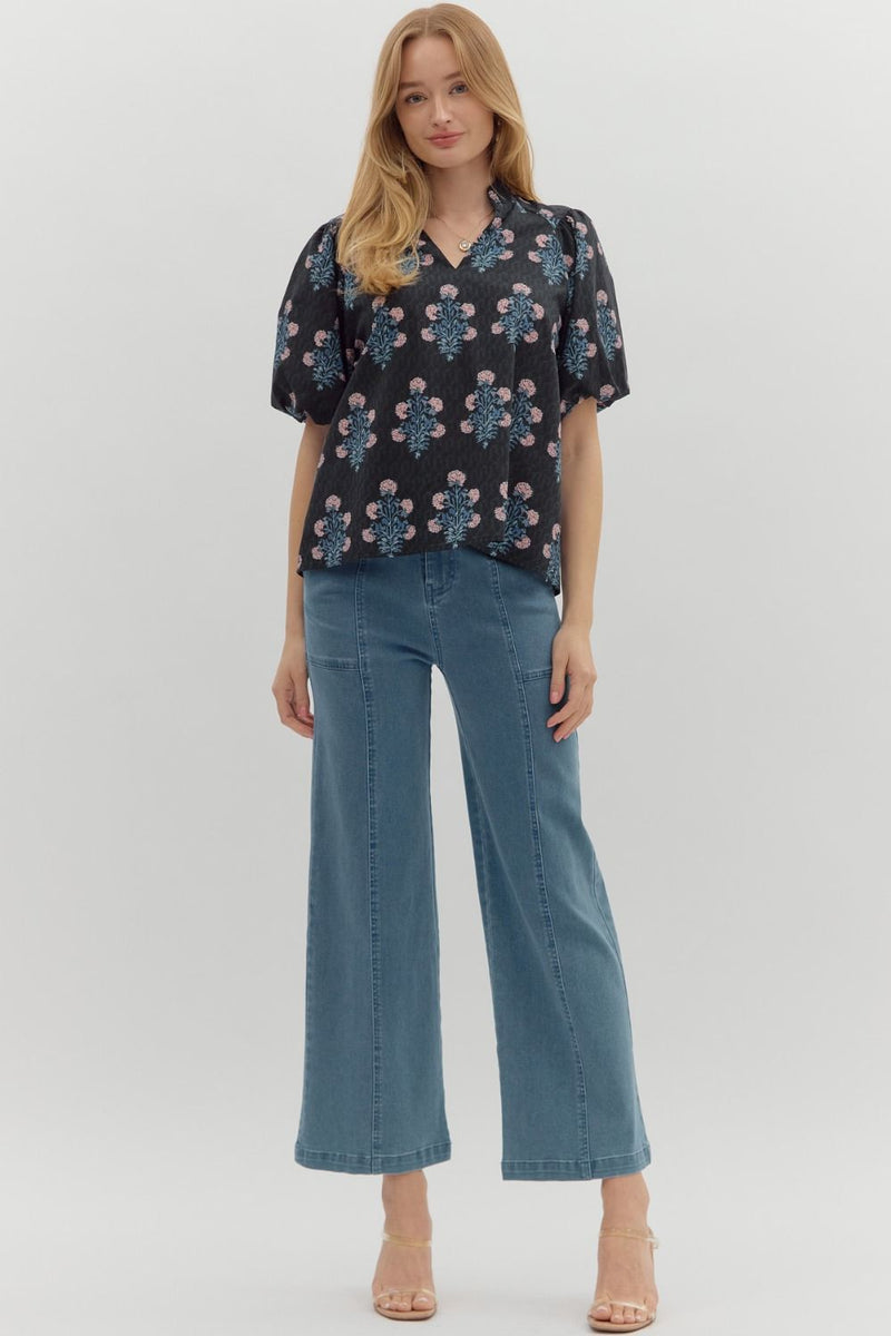 Madison Block Floral Print Top, Black