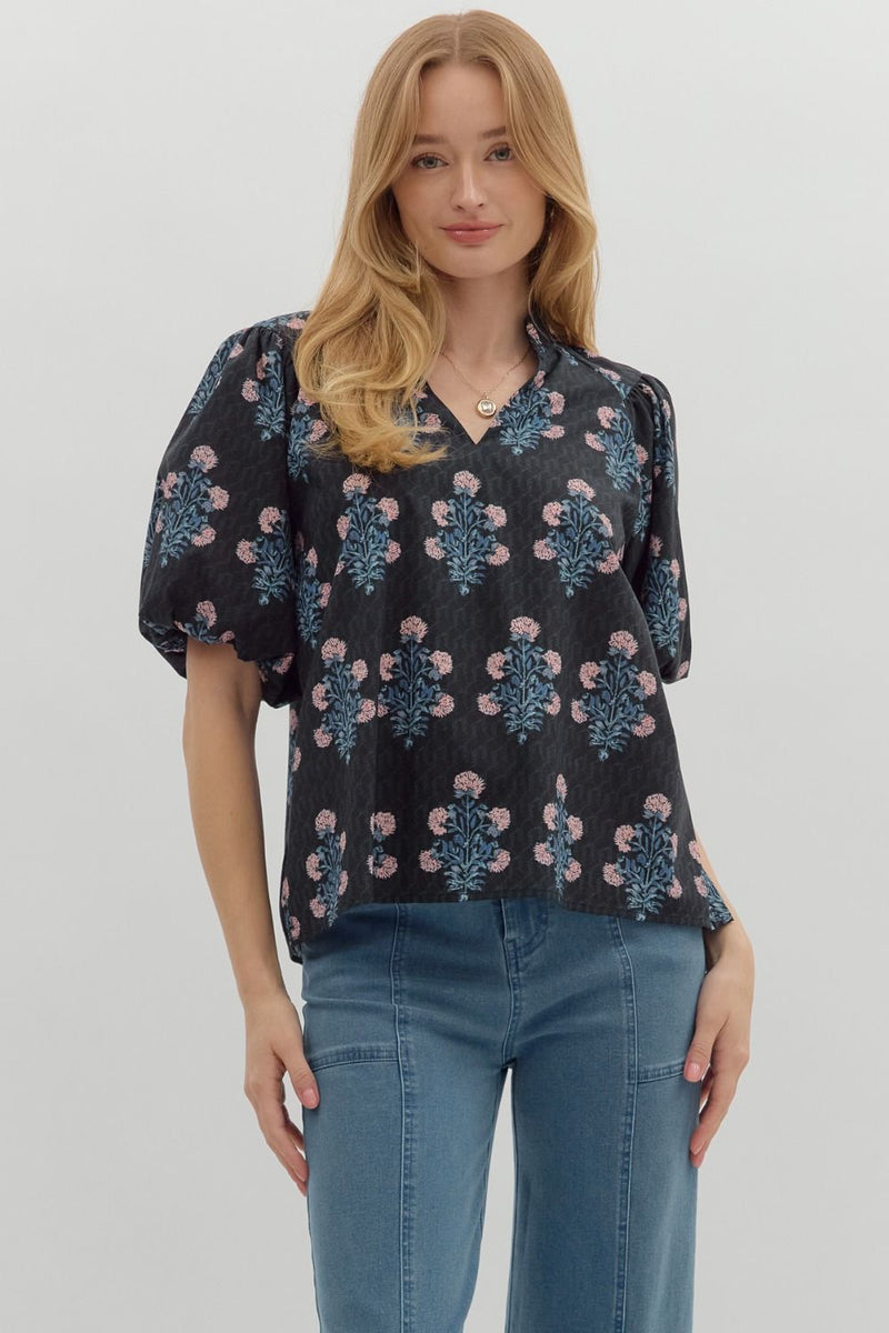 Madison Block Floral Print Top, Black