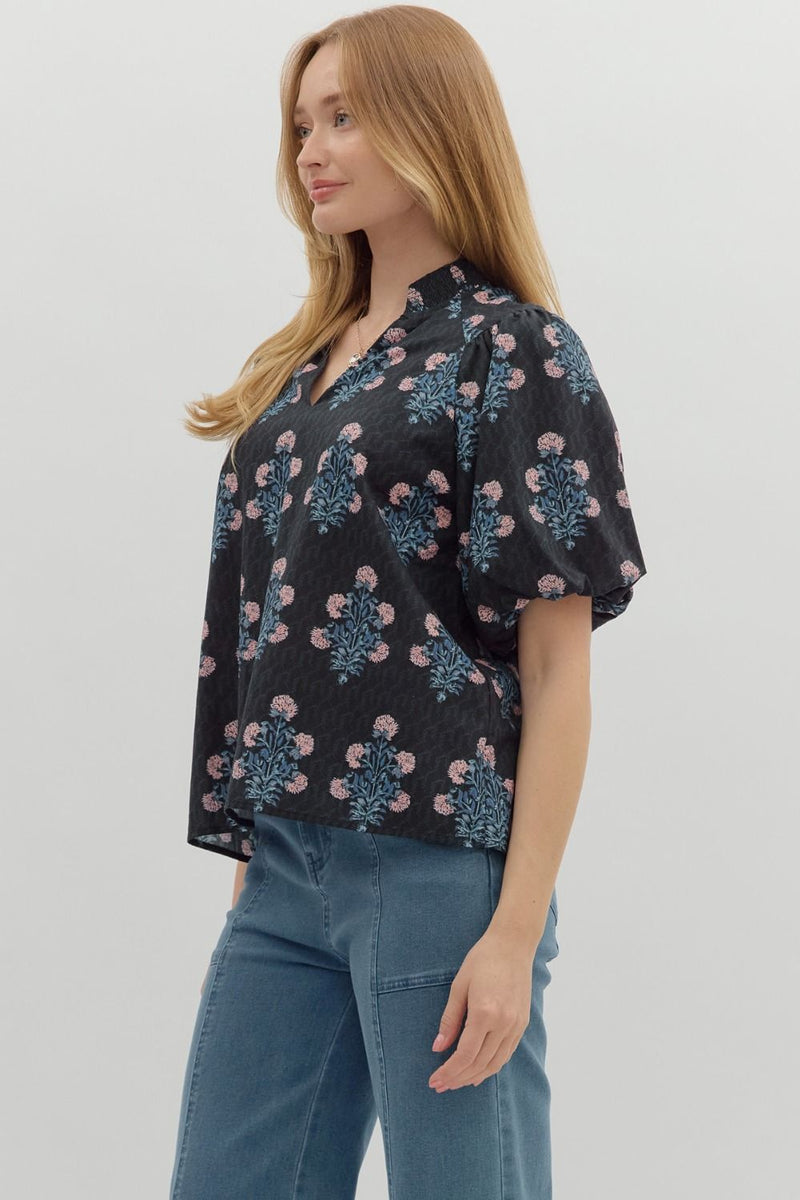 Madison Block Floral Print Top, Black