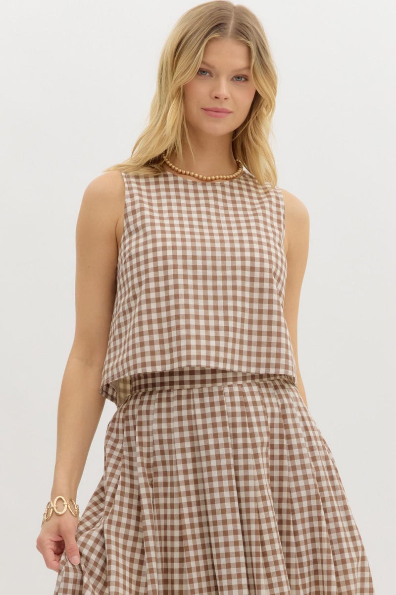 Zoe Gingham Print Top, Mocha