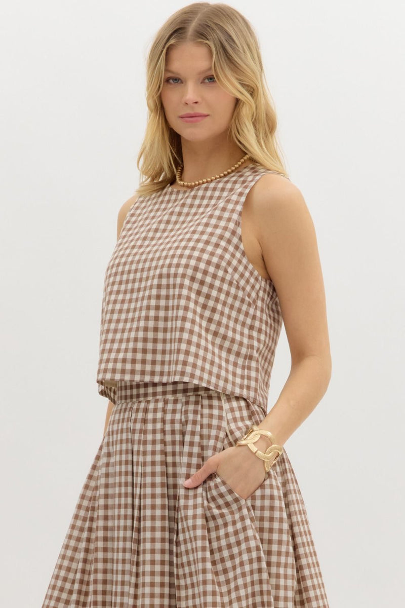 Zoe Gingham Print Top, Mocha