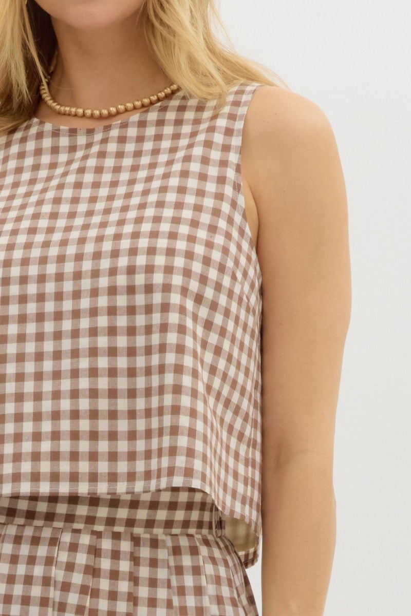 Zoe Gingham Print Top, Mocha