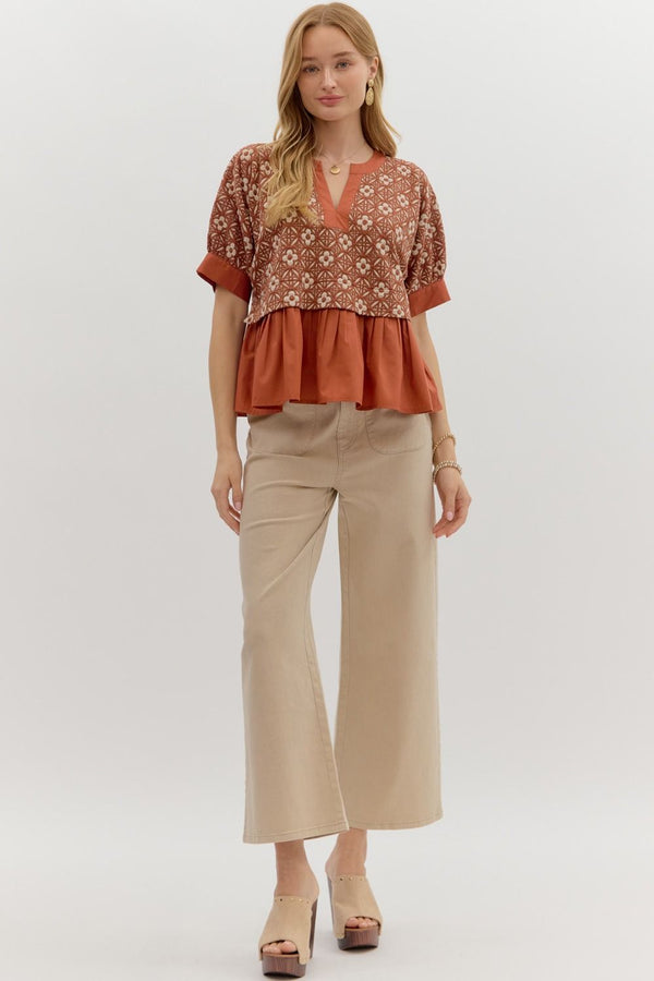 Harriet Mix Media Peplum Top, Rust