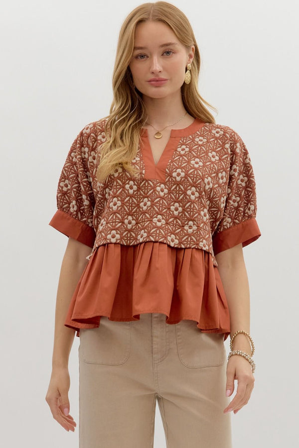 Harriet Mix Media Peplum Top, Rust