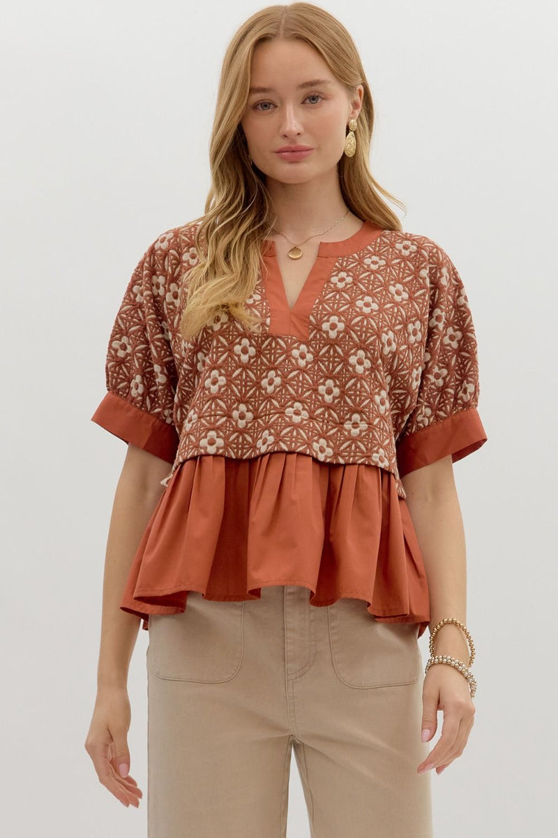 Harriet Mix Media Peplum Top, Rust