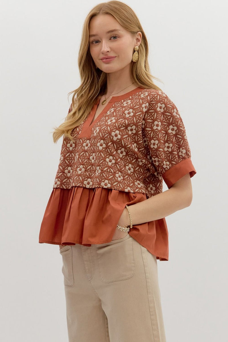 Harriet Mix Media Peplum Top, Rust