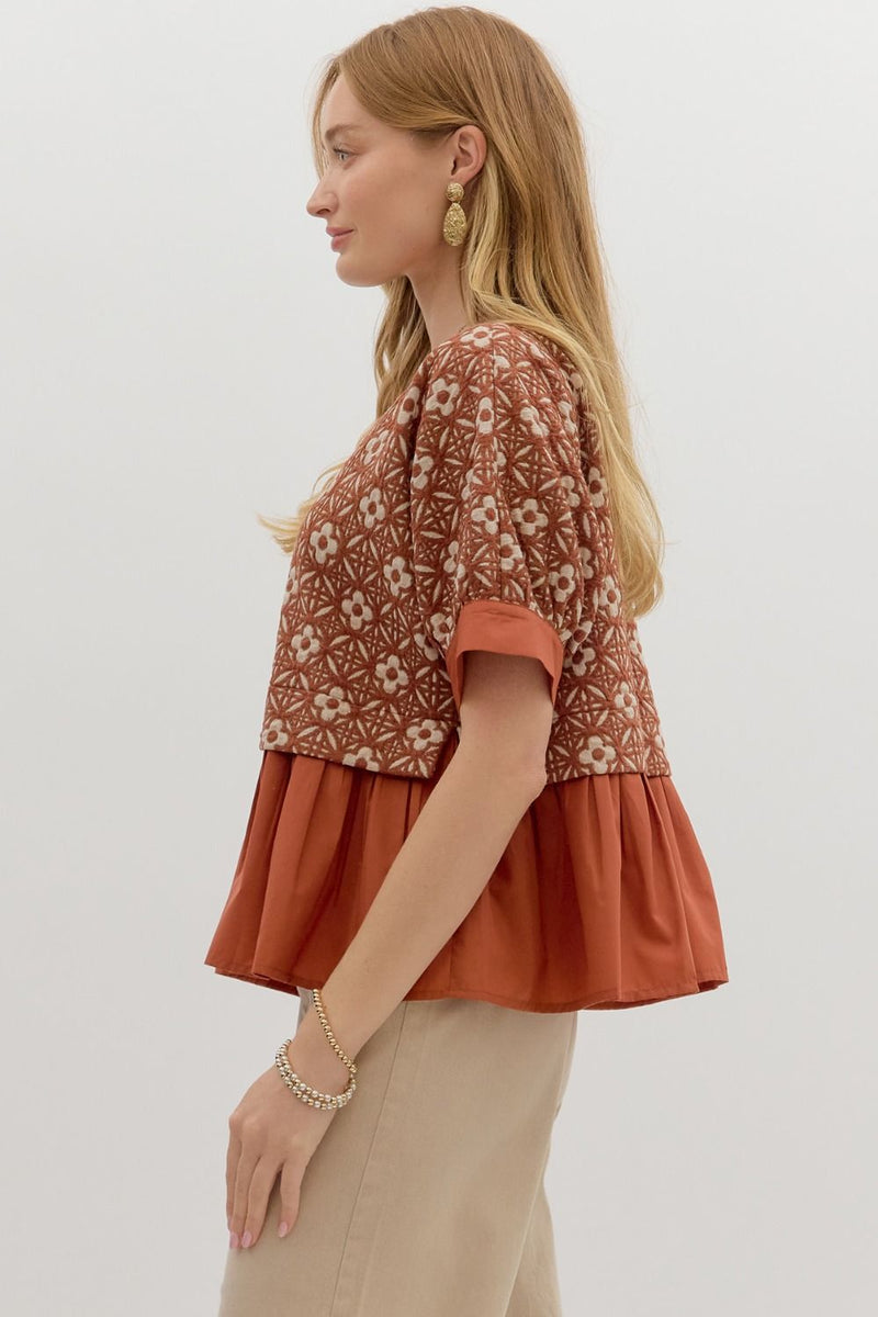 Harriet Mix Media Peplum Top, Rust