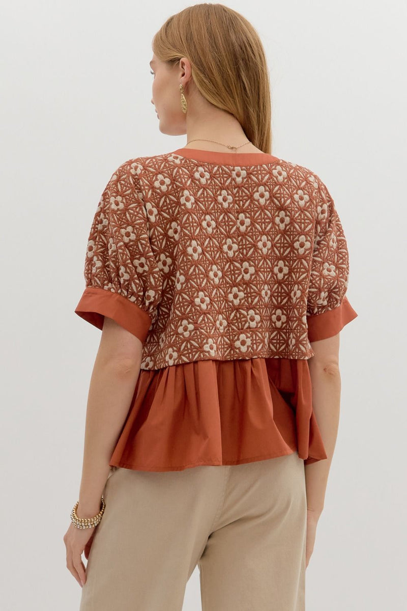Harriet Mix Media Peplum Top, Rust