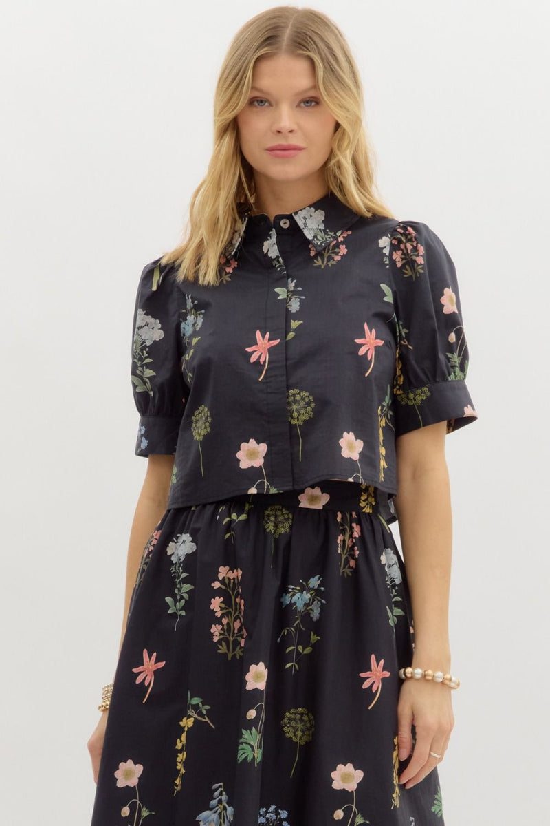 Evelyn Puff Sleeve Floral Print Top, Black