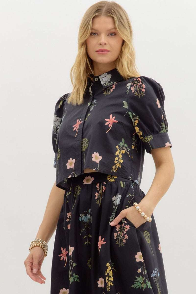 Evelyn Puff Sleeve Floral Print Top, Black