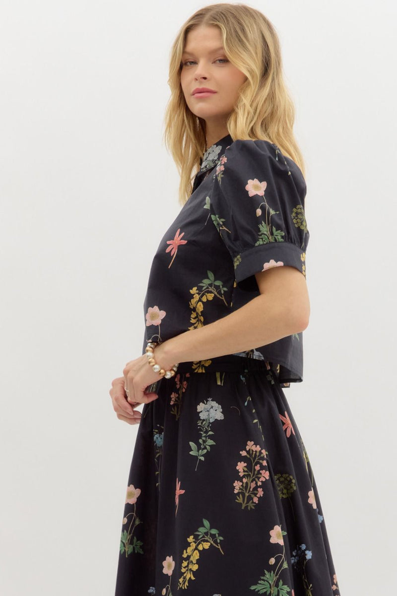 Evelyn Puff Sleeve Floral Print Top, Black