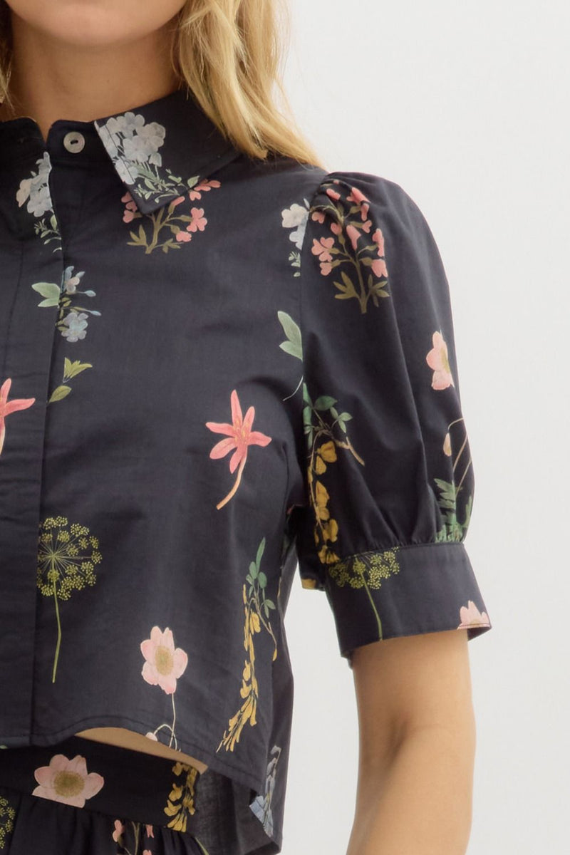 Evelyn Puff Sleeve Floral Print Top, Black