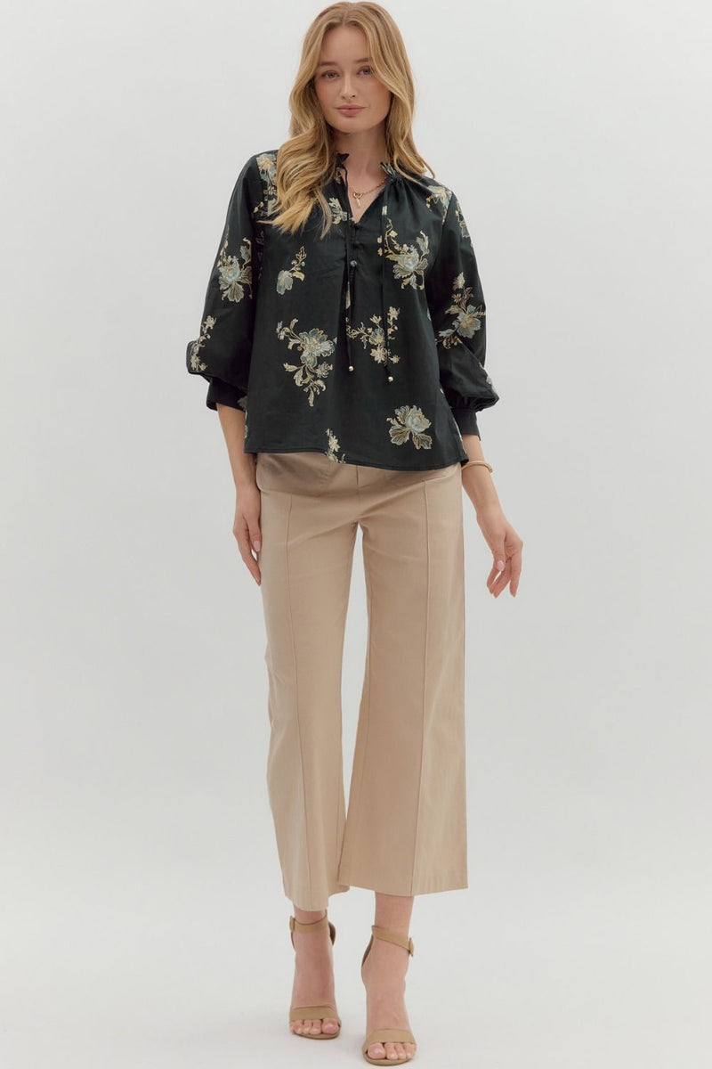 Mila Floral Tie Neck Top, Black