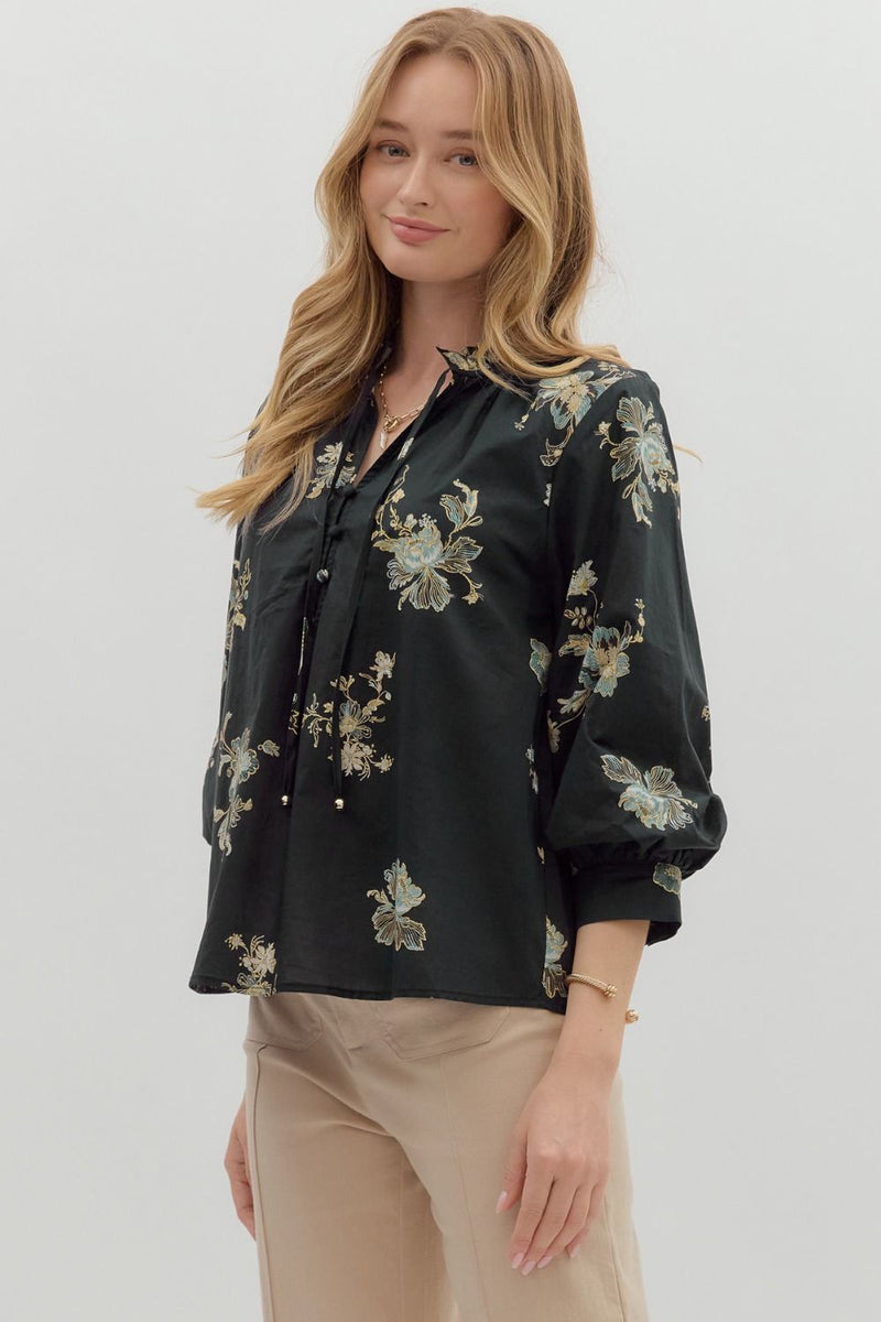 Mila Floral Tie Neck Top, Black