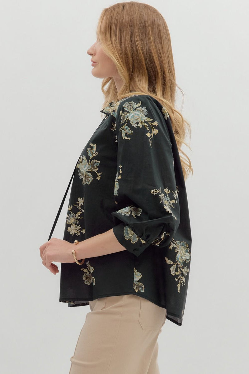Mila Floral Tie Neck Top, Black