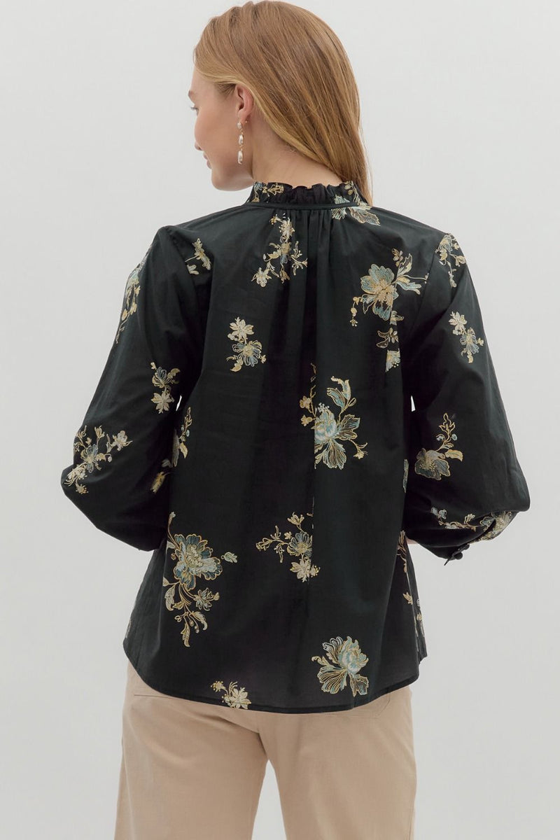 Mila Floral Tie Neck Top, Black