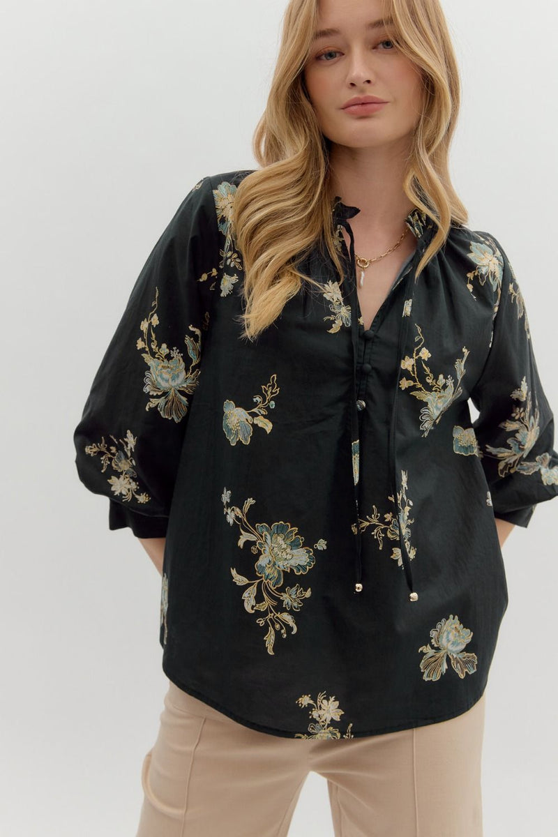 Mila Floral Tie Neck Top, Black