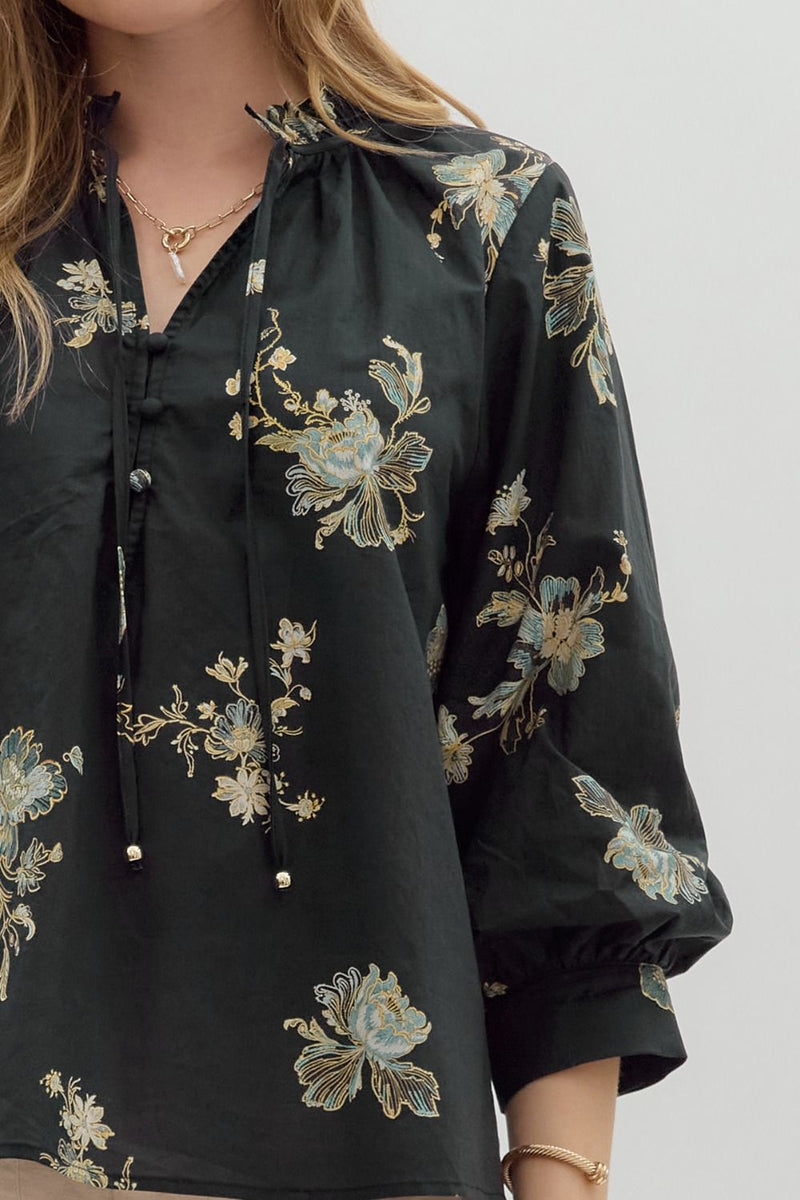 Mila Floral Tie Neck Top, Black