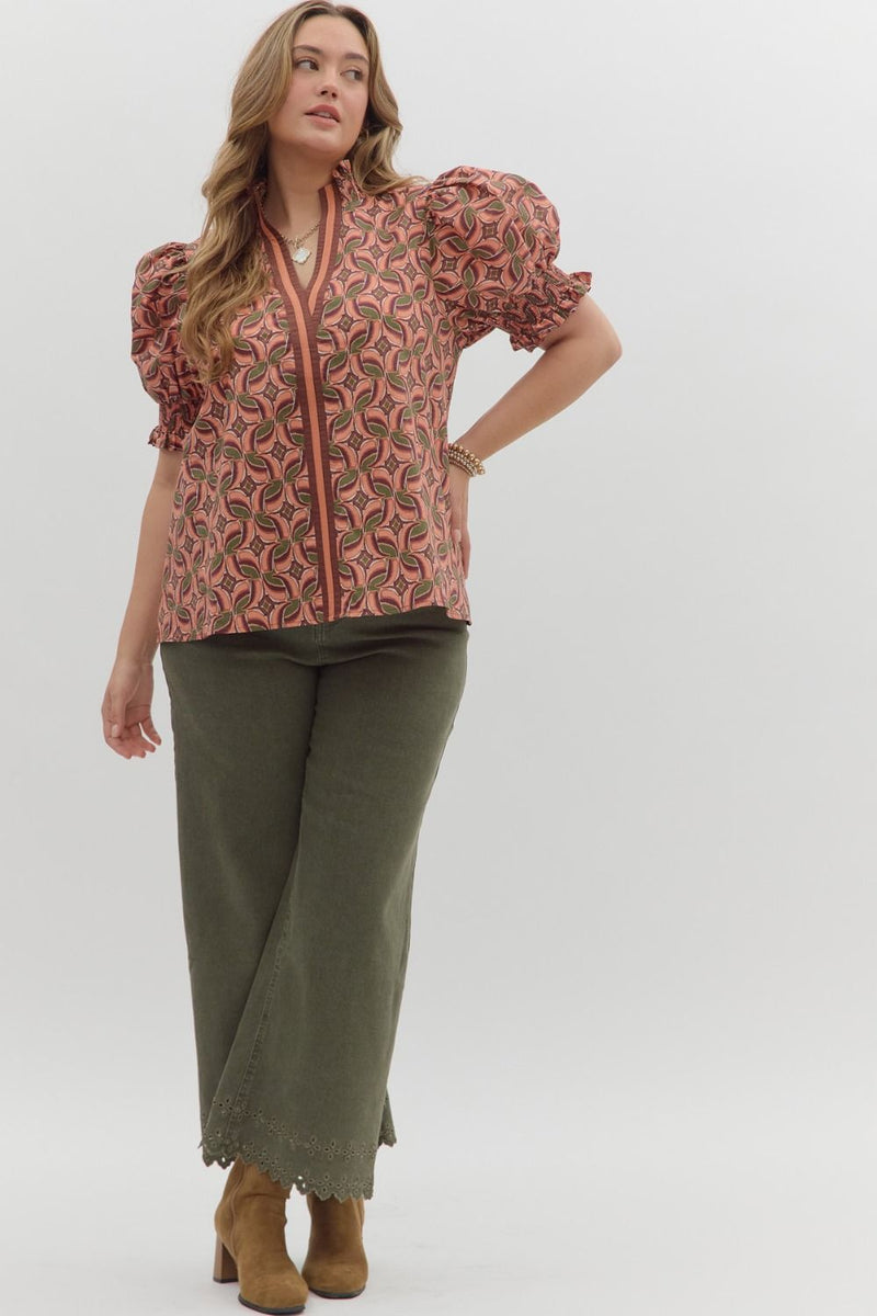 Rosalie Contrast Stripe Printed Top, Terra Cotta | Plus Size