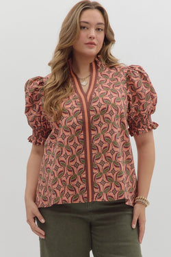 Rosalie Contrast Stripe Printed Top, Terra Cotta | Plus Size