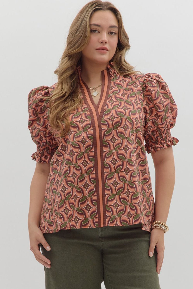 Rosalie Contrast Stripe Printed Top, Terra Cotta | Plus Size