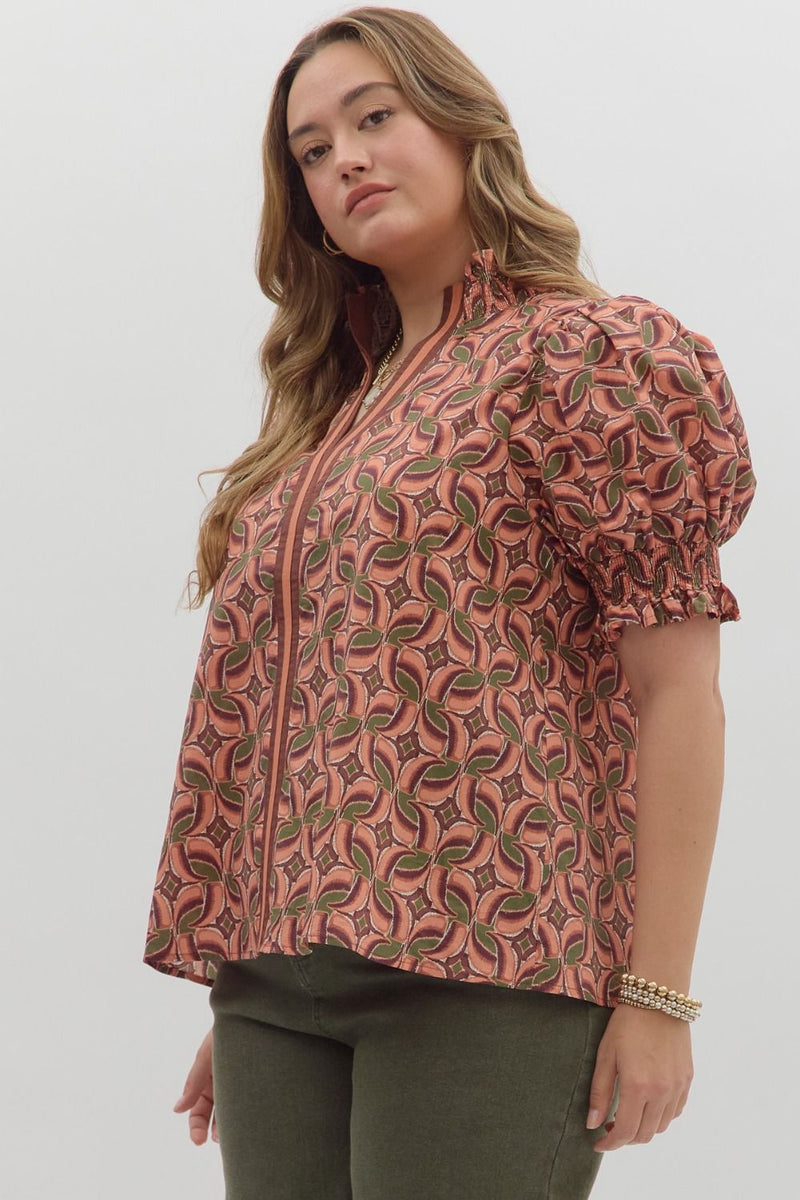 Rosalie Contrast Stripe Printed Top, Terra Cotta | Plus Size