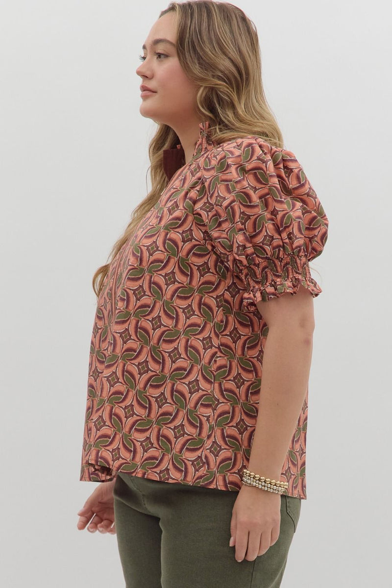 Rosalie Contrast Stripe Printed Top, Terra Cotta | Plus Size